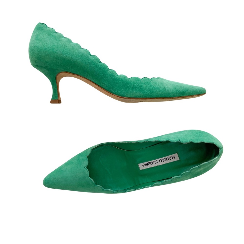 Manolo Blahnik Srilasca Suede Mint Green Scalloped Kitten Heel 36.6 6.5